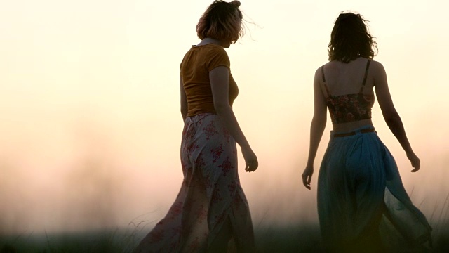 在神奇的时刻，两个女孩穿着飘飘的裙子穿过麦田。视频素材