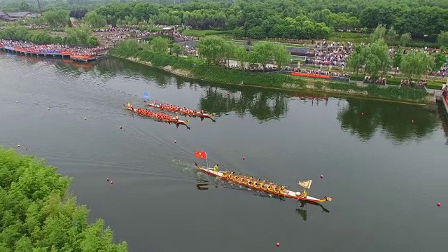 中国陕西西安端午节传统龙舟竞渡航拍视频下载