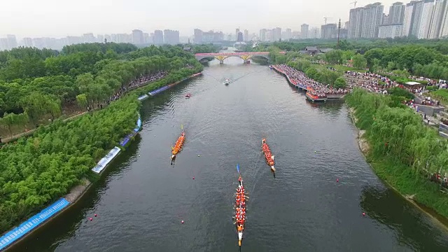 中国陕西西安端午节传统龙舟竞渡航拍视频素材