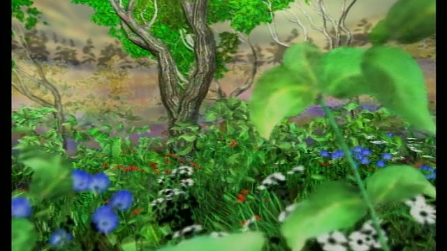 计算机生成的图像视角通过森林与鲜花视频素材