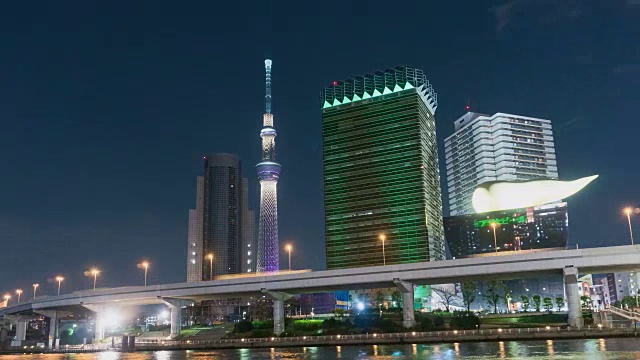 4K延时拍摄:Sumida河与东京市区在晚上视频下载