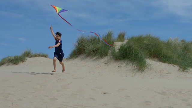 一个小男孩在海滩上跑着放风筝，玩得很开心。视频下载