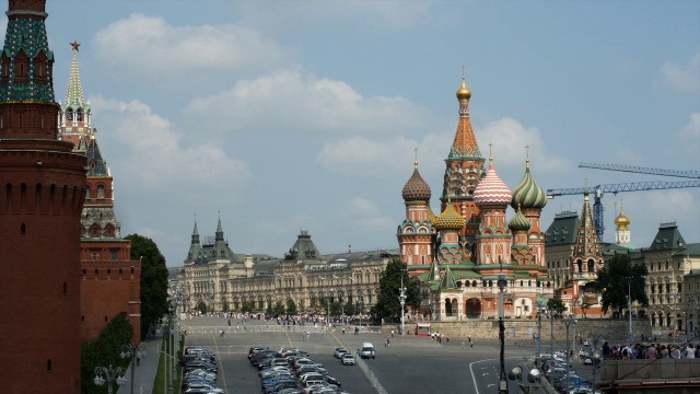 著名的彩色大教堂圣巴西尔，也被称为瓦西里大教堂祝福/莫斯科，俄罗斯视频素材