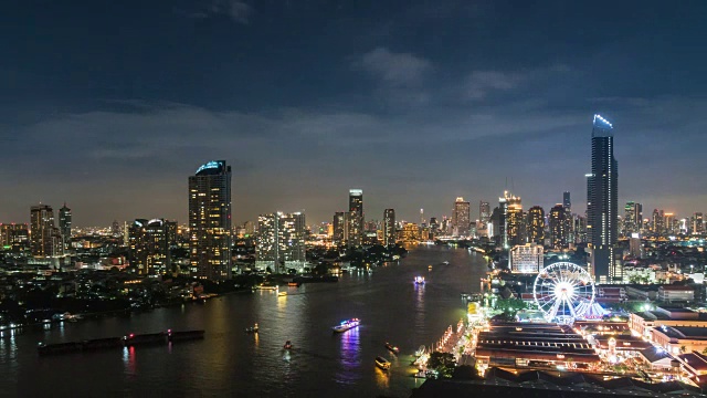 4K时间流逝曼谷城市景观河岸与湄南河在晚上视频下载