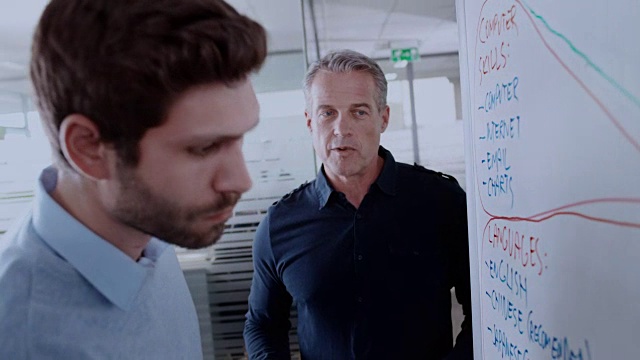 一个白人在白板上写图表，和他的男同事聊天视频素材
