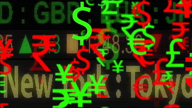 4K货币符号移动与LED股票背景视频素材