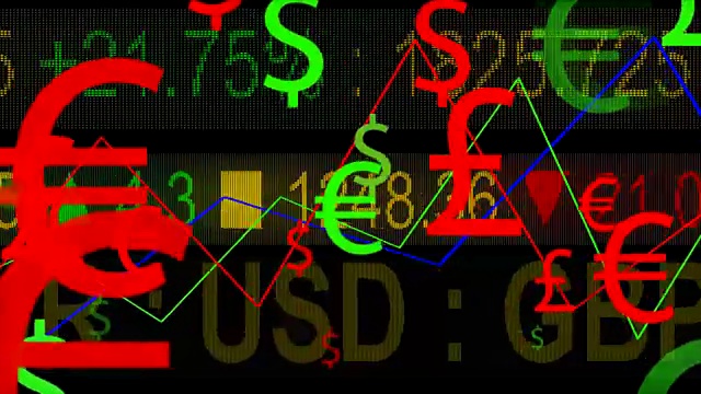 4K货币符号移动与LED股票背景视频下载