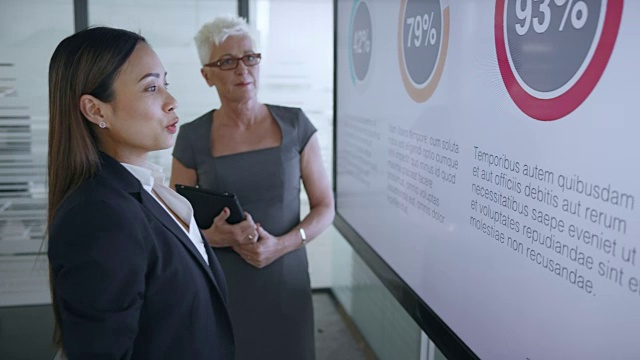 一位亚洲女性在会议室与她的高级女性项目经理讨论大屏幕上的数字视频素材