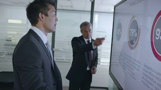 两个男同事站在会议室的大屏幕前讨论财务演示图视频素材