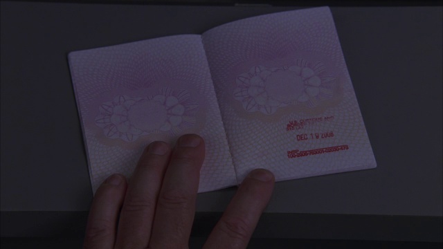 英国护照上一只手的近角度。书页打开后，他在右下角盖上了邮票。移民办公室，签证，身份证，身份证明，过境。可能是机场海关。视频素材