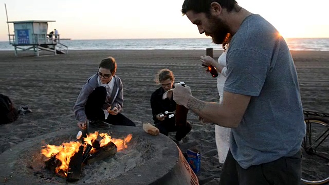 朋友们聚在海滩篝火旁视频素材