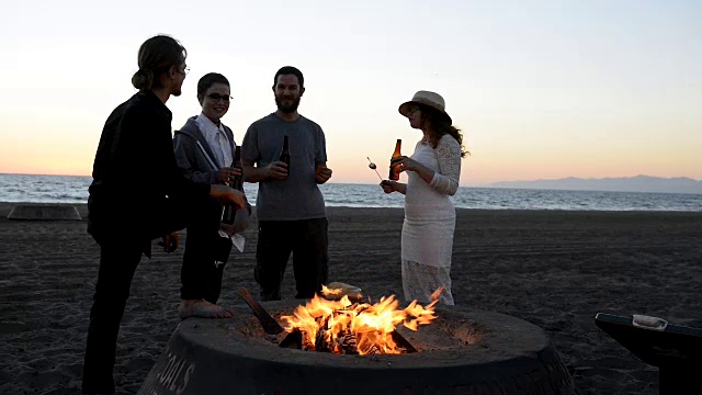 潮人在海滩篝火上互相敬酒视频素材