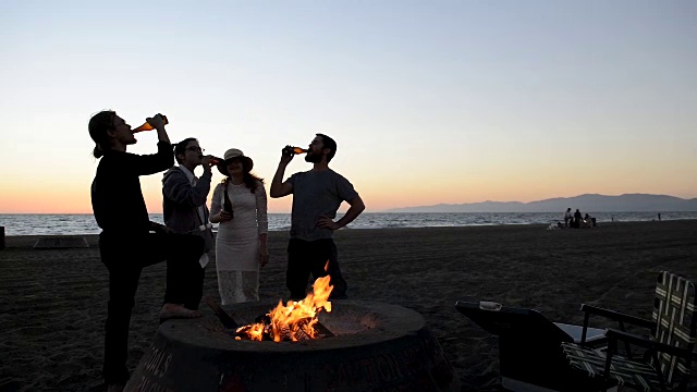 潮人在海滩篝火上互相敬酒视频素材