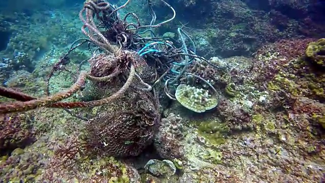 水下捕鱼鬼网对环境的破坏。视频下载