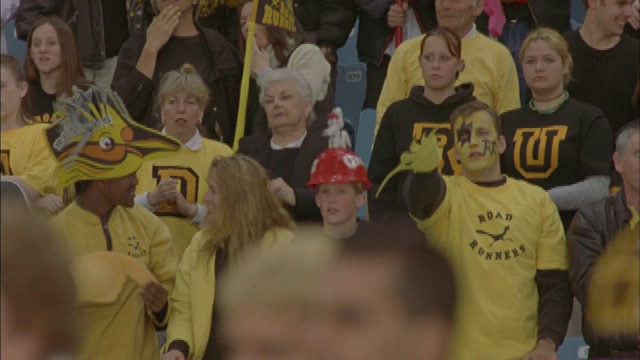 球迷们在观看足球比赛时举起双手欢呼。视频素材