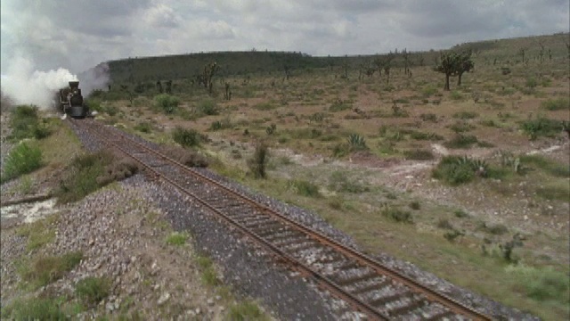 沙漠或干旱地区火车沿铁轨行驶的中等角度。看到白色的蒸汽从火车的发动机上升。周围有绿树、灌木和仙人掌。看背景中的小山丘或山脉。视频素材