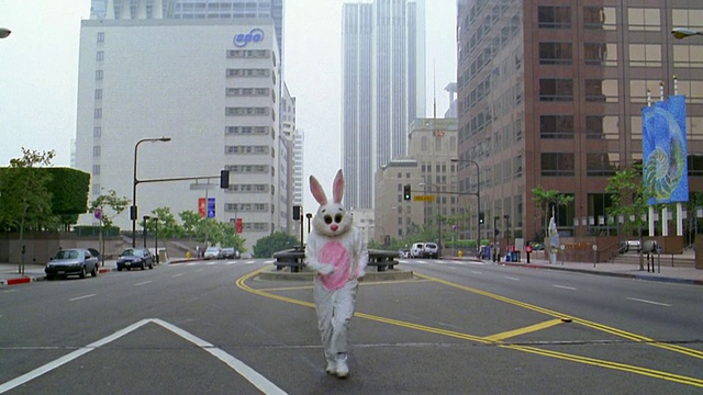 中等镜头的人在兔子服装跑/跳/踢/霹雳舞街头/洛杉矶，CA视频下载