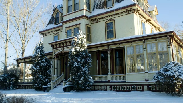 用平底锅盖上多层白雪覆盖的维多利亚式房屋。可见树木和树枝。视频素材