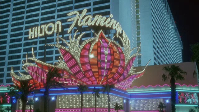 希尔顿火烈鸟酒店夜间闪烁的标志中景。视频下载