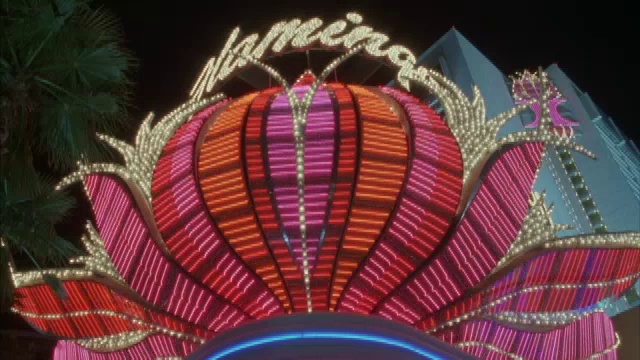 火烈鸟酒店顶上的装饰球在霓虹灯的照耀下闪闪发光。视频下载