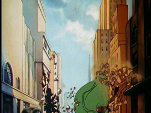 1942年动画中，巨大的绿色怪物在高架铁轨上跺脚视频素材