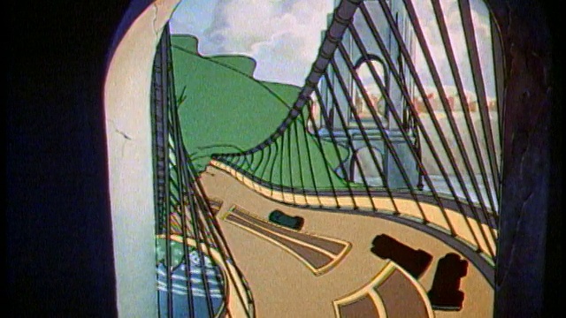 1942年动画大型绿色怪物破坏和走过桥视频素材