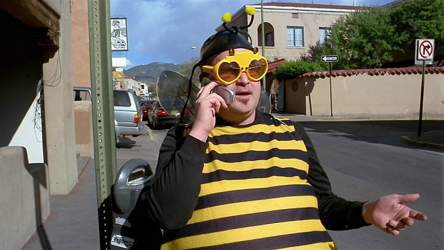 中镜头变焦在男人穿着蜜蜂服装谈论手机视频素材