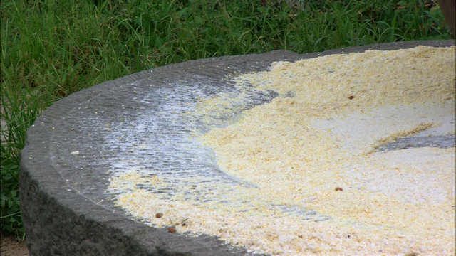 近距离观察磨石上碾碎的谷物/人在石头上扫面粉视频下载