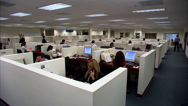 广角拍摄的办公室地板满是办公室工作人员在小隔间/洛杉矶，加利福尼亚视频下载
