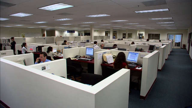 广角拍摄的办公室工作人员在小隔间和空隔间的办公室地板/洛杉矶，加利福尼亚视频下载