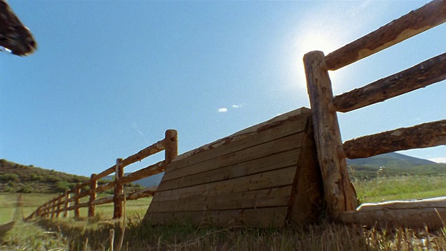 慢动作低角度中拍摄马术跳过马越过篱笆在阳光灿烂的一天/科罗拉多州视频素材