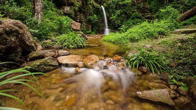 泰国绿色雨林中的瀑布延时视频下载