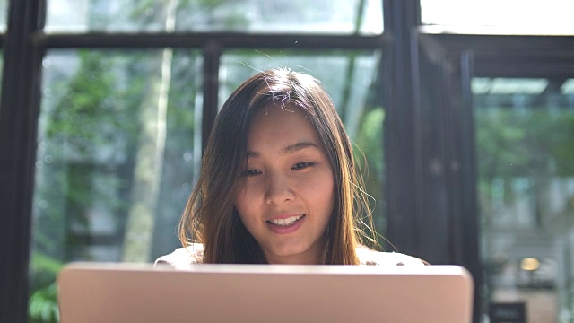 年轻女子看信息的笔记本电脑与阳光视频下载