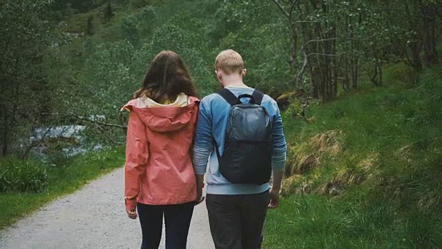 一对情侣在挪威乡间散步视频素材