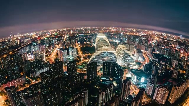 T/L HA鱼眼和鸟瞰图北京天际线在晚上/北京，中国视频素材