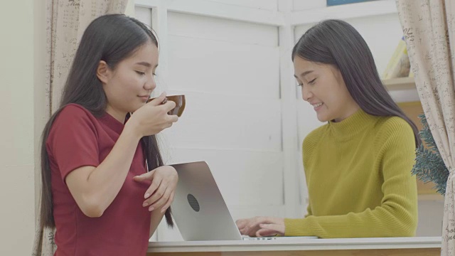 两个年轻的女商人在咖啡店用笔记本电脑工作视频下载