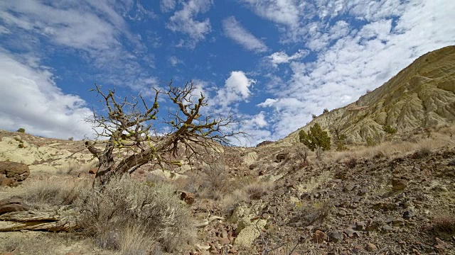 不毛之地黄色粘土约翰戴化石床形成云和阴影漂移在一个偏远的沙漠山萨顿山靠近画山17视频素材