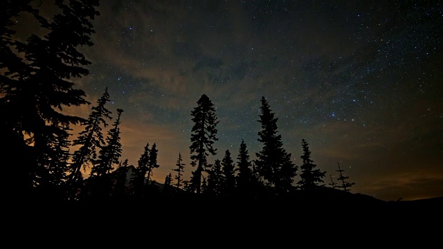 银河和高大树木的轮廓森林直到黎明与胡德山和微弱的北极光北极光视频素材