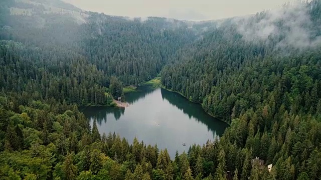 鸟瞰图的Synevir湖在喀尔巴阡山脉在乌克兰视频素材