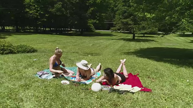 三个女人在草坪上晒太阳。缓慢地环视人群。视频素材