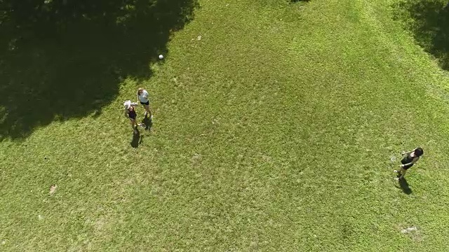 两个女人在草坪上打羽毛球。十几岁的女孩把那瓶水给了他们中的一个。俯视图直接上方，无人机视频视频素材