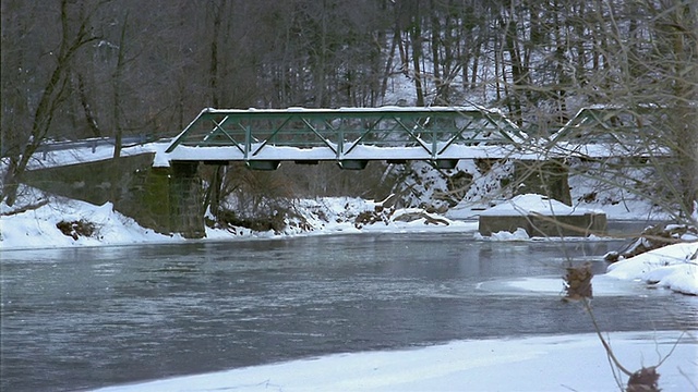 中镜头男子飞钓鱼在冬天与树在背景/锅桥和返回渔民视频下载