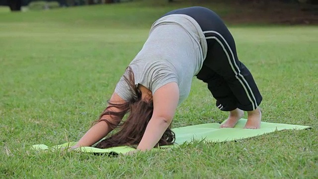 在公园的草地上练习瑜伽的大号亚洲女人视频素材