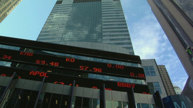 T/L LA WS股票市场数据在美国纽约纽约办公楼股票行情板上滚动视频下载