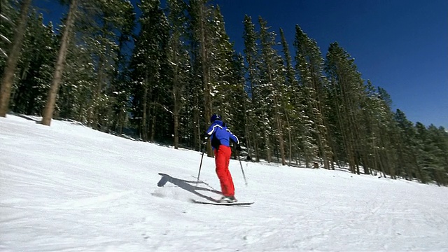广角自由式滑雪者做单手撑杆翻转/滑下斜坡/在撑杆做前翻视频素材