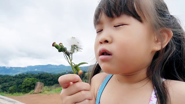小女孩吹着雏菊花视频素材