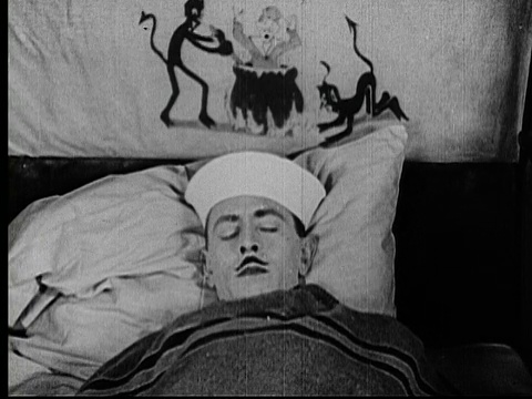 1925年B/W CU男人(西德尼·史密斯)睡觉和梦见在他的头上的动画地狱/洛杉矶县，美国加州视频素材