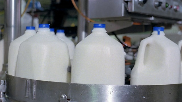 在乳品厂关闭盛满牛奶的塑料罐视频下载