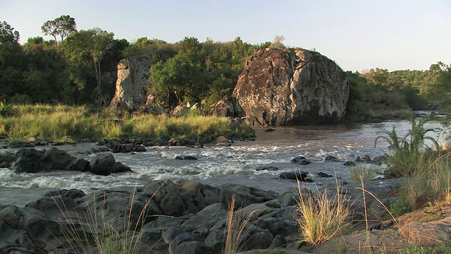肯尼亚马赛马拉，被岩石环绕的河流视频素材