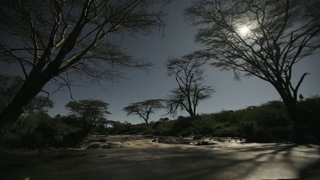 T/L, MS，月亮穿过天空上方的河流流过草原，肯尼亚莱基皮亚视频素材